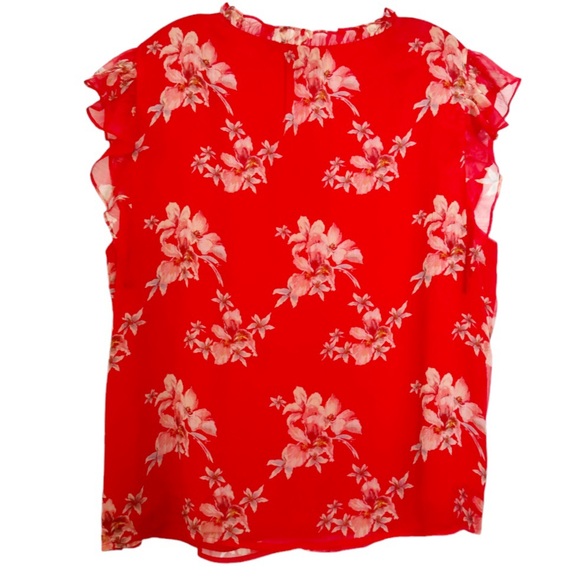 CeCe Chiffon Smocked Cap Sleeve V-Neck Red Floral Print Flutter Blouse Size 2X - Picture 7 of 12